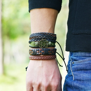 Men's vintage 12-piece leather bracelet set with woven ropes and star charms