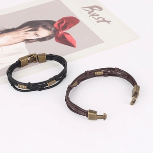 Pulseras vintage de cuero trenzado multicapa para hombre con cierres magnéticos de bronce