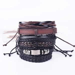 Multilayer braided leather bracelet set for men with adjustable cord and vintage metal charms
