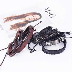 Multilayer braided leather bracelet set for men and women with metal accents and knots