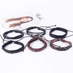 6-piece vintage woven leather bracelet set for men with adjustable cords and metal charms