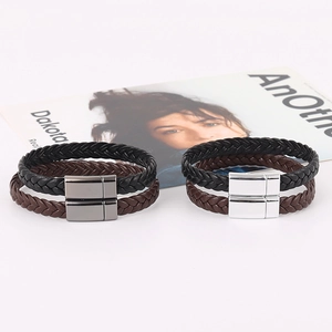 Braided leather bracelet with magnetic clasp for men and women in black and brown colors