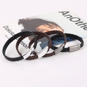 Braided leather bracelet set for men and women with secure magnetic metal clasp
