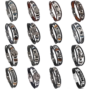 Vintage Men's Multi-layer Braided Leather Bracelet With Alloy Charms Punk Skull Anchor Poker Star Scripture Wrap Bracelet Jewelry