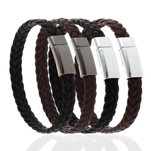 Set of four minimalist braided leather bracelets for men with magnetic metal clasps