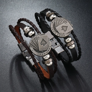 Men's retro braided leather bracelets with poker suit charms and metal clasp closure
