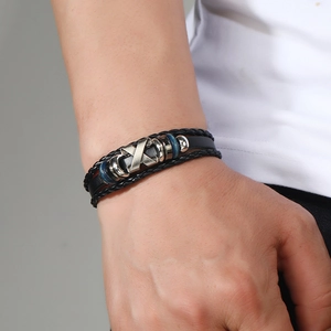 Men's multi-layer punk leather bracelet with woven cords and silver X-shaped metal charm