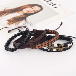Set of 4 vintage braided leather bracelets for men with cross charm and beads