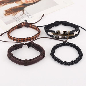 Vintage multilayer woven leather bracelet set for men featuring a metal cross and beads