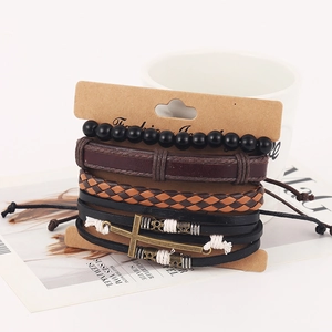 Vintage multi-layer braided leather bracelet set for men with cross charm and beads