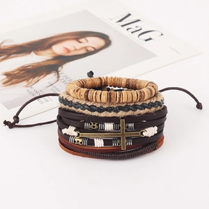 Vintage multi-layer woven leather bracelet set with wooden beads and a bronze cross