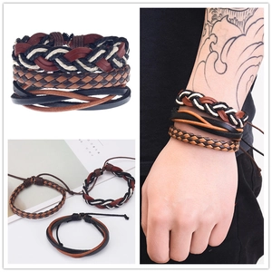 Detail view of multi-layer woven leather bracelets with adjustable sliding knot closure
