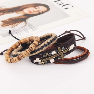 Men's vintage braided leather bracelet set with cross pendant and wooden beads