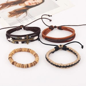 Men's retro woven leather bracelet set with metal cross and wooden beads on white base