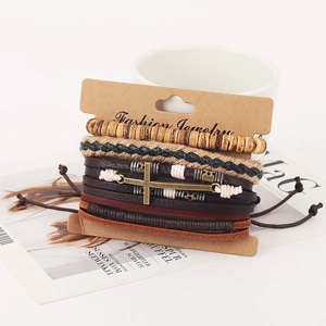 Retro multi-layer leather bracelet set with cross pendant and wooden beads