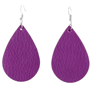Detail macro view of purple teardrop earrings featuring litchi leather texture and silver hooks