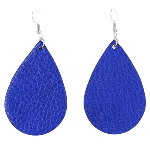 Blue teardrop earrings with lychee texture leather and silver hook hangers on white base