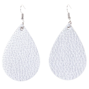 Macro detail of silver teardrop earrings with textured faux leather finish and fish hooks