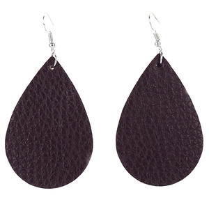 Detail view of dark purple teardrop earrings featuring litchi texture faux leather surface