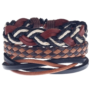 Detail view of multi-layer braided leather bracelets with mixed textures and retro ropes