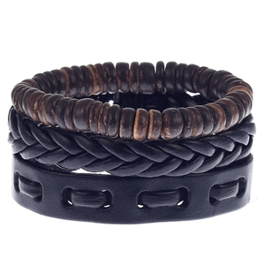 Retro multi-layer men's bracelet set with woven black leather and brown wooden beads