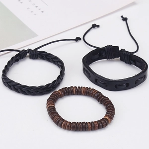 Vintage men's braided leather bracelet set with alloy anchor and wooden beads