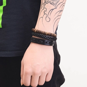 Three-piece retro braided leather bracelet set for men with anchor and wooden beads