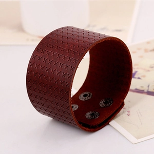 Retro punk brown leather cuff bracelet with X-pattern embossing and metal snap buttons