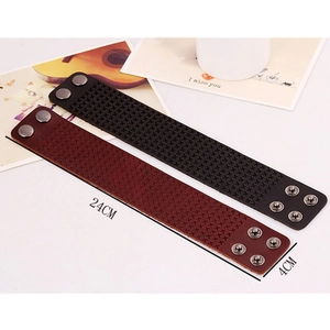 Vintage punk cowhide leather bracelet with cross-stitch pattern and metal snap buttons