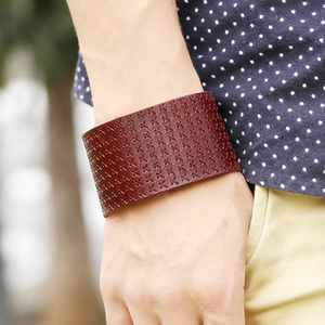 Punk vintage red brown leather wristband with embossed X pattern for men and women
