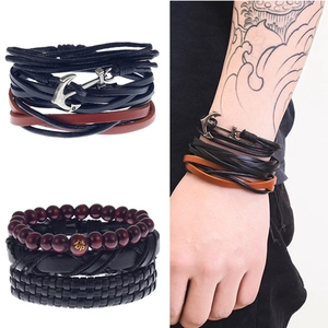 Vintage Men Multilayer Leather Bracelet Retro Woven Anchor Tree Of Life Cross Wood Bead Cord Wrap Bracelet Jewelry