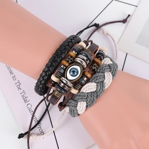 Men's multi-layer leather bead bracelet set with evil eye charm and ethnic woven cord