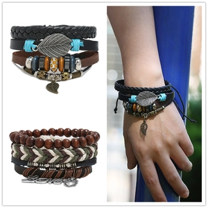Multilayer bohemian braided leather bracelet set with leaf pendant and heart charm