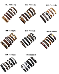 Detail view of 8 different vintage braided leather bracelet sets with multi-layer designs