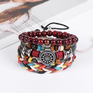 Bohemian multilayer beaded bracelet set with leather and woven rope in vintage style