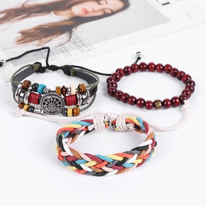 Three-piece set with beaded wood, braided rope, and multilayer leather bracelets