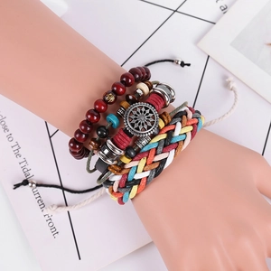 Bohemian multi-layer braided rope bracelet set with wooden beads and sunflower charms
