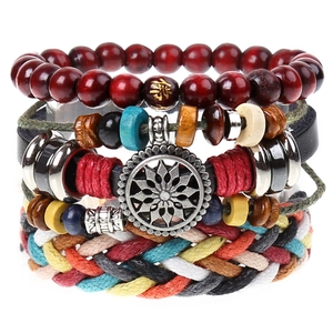 Vintage Bohemian Handmade Multi Layer Leather Bracelet Set For Men Women Cowhide Hemp Rope Wood Bead Ethnic Jewelry
