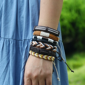 Men's retro multi-layer woven genuine leather bracelet set with six pieces for daily wear