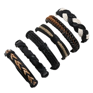 Detail view of a 6-piece men's vintage woven leather bracelet set in black and brown