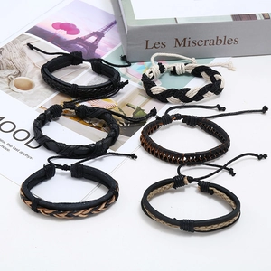 Detail of 6pcs men's braided leather bracelet set with adjustable drawstring closure