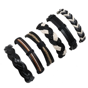 Detailed close-up of a 6-piece vintage woven leather and hemp bracelet set for men