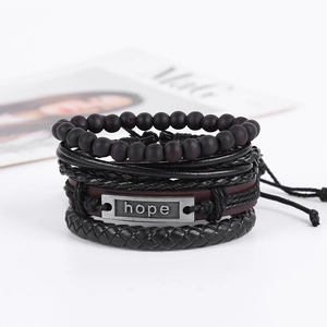 Ensemble de quatre bracelets en cuir tressé pour homme avec plaque métallique HOPE rétro