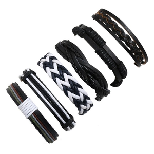 Men's retro six-piece woven leather bracelet set featuring vintage braided multi-layer design
