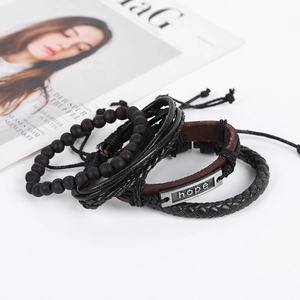 Bracelet multicouche rétro en cuir véritable tressé pour hommes avec plaque métal hope