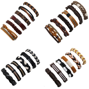 Handmade Multi-layer Leather Braided Bracelet Set For Men Vintage Bohemian Adjustable Wax Rope Hemp Rope Wristband Jewelry