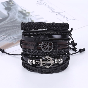 Men's multi-layer braided leather bracelet set with Tree of Life and anchor charms