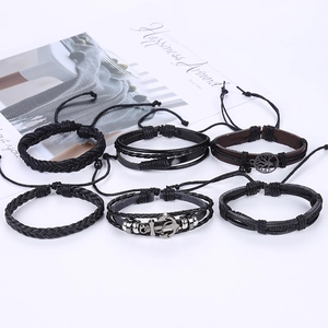 6-piece set of men's vintage leather bracelets with anchor and tree of life charms