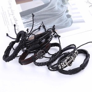 Retro multi-layer men's leather bracelet set with tree of life and anchor charms