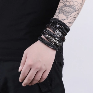 Men's retro multilayer leather bracelet set with tree of life and anchor charms
